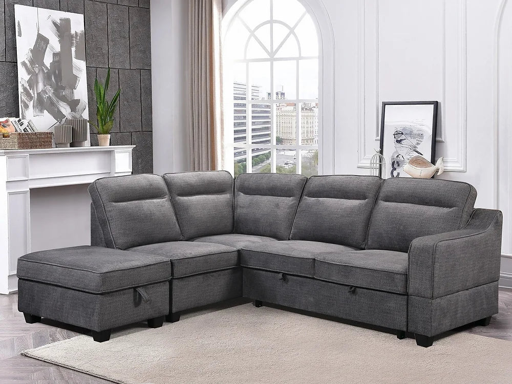 Soft Grey Fabric Tufted Pull Out Sectional Sofa Bed With Large Lift Up