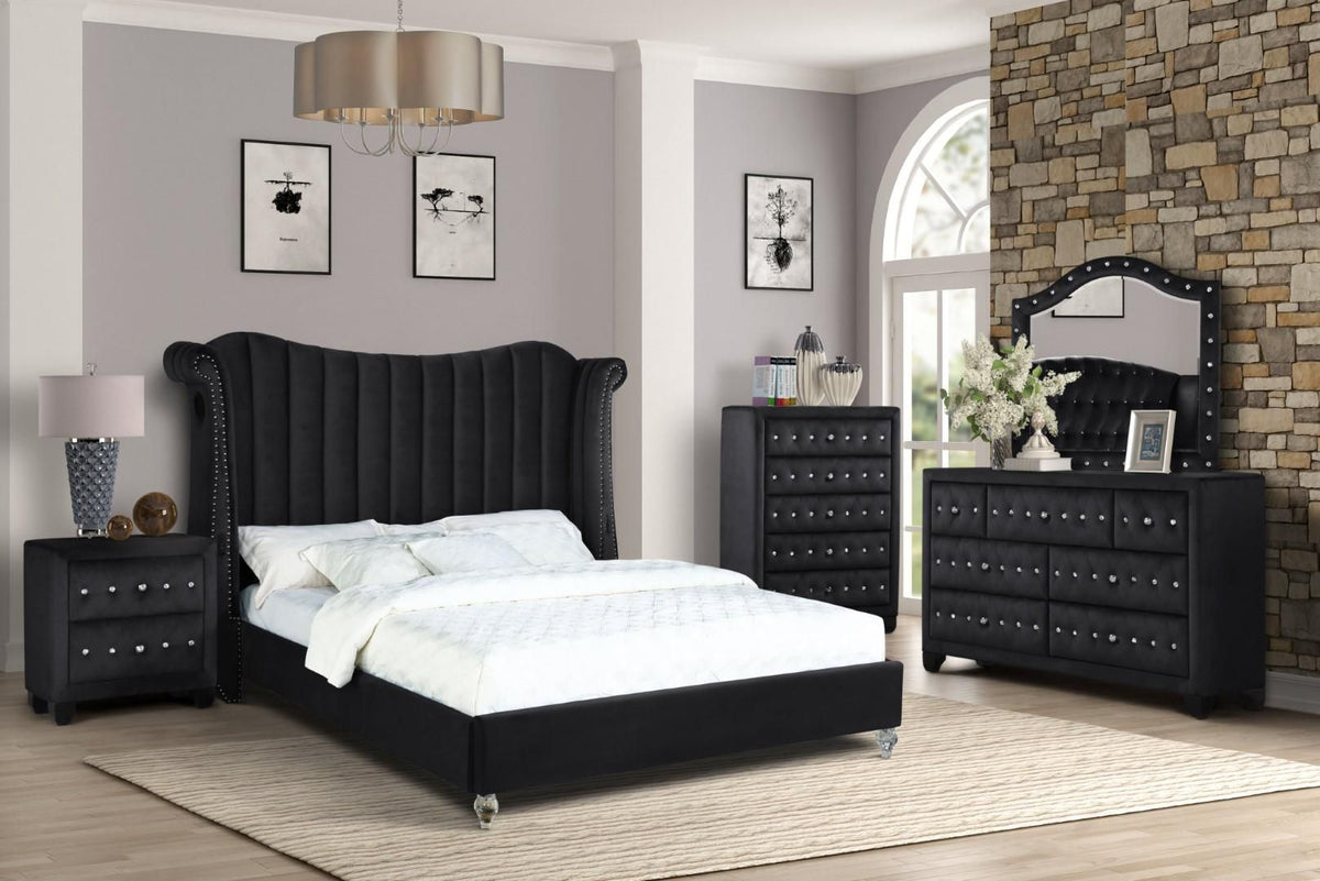 Stylish Black Velvet Bedroom Set- Includes: USB Charging Ports, Blueto ...