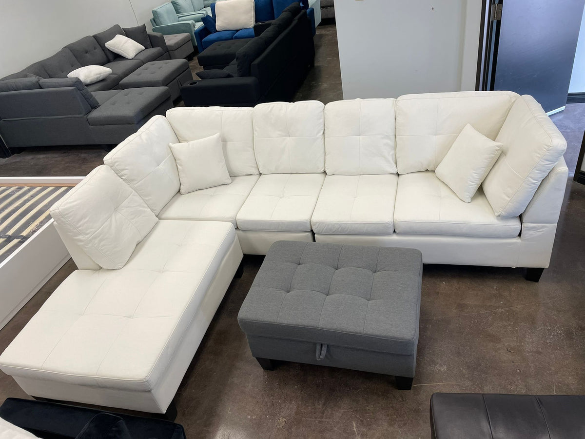 Cream Fabric Sectional Includes Throw Pillows & Storage Ottoman Mode SalesAway