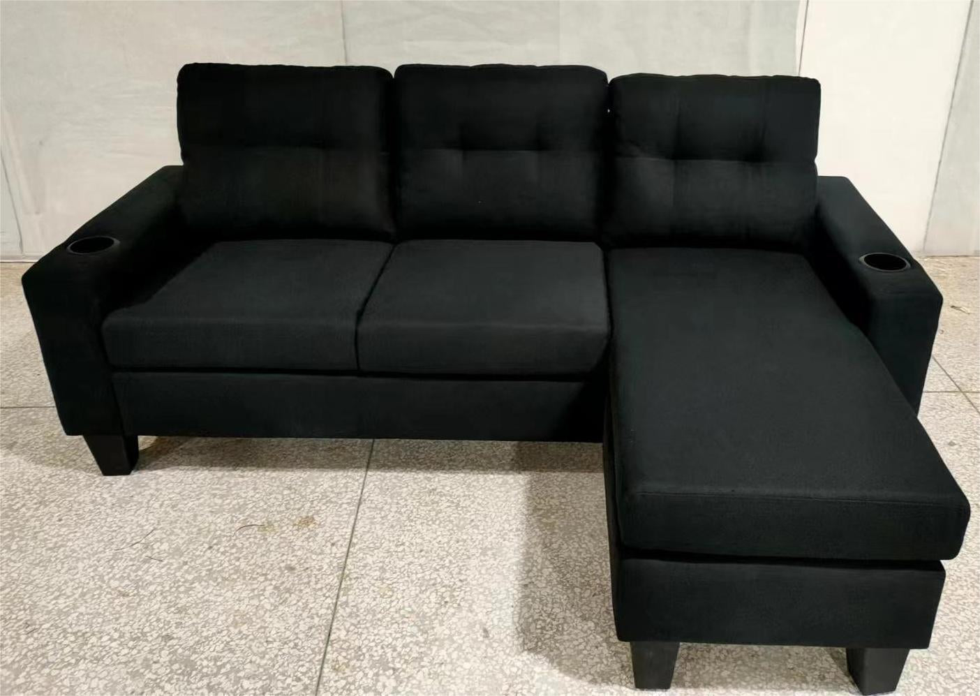 Black Fabric Sectional Sofa With Cup Holders Chaise Turns Into Floati SalesAway