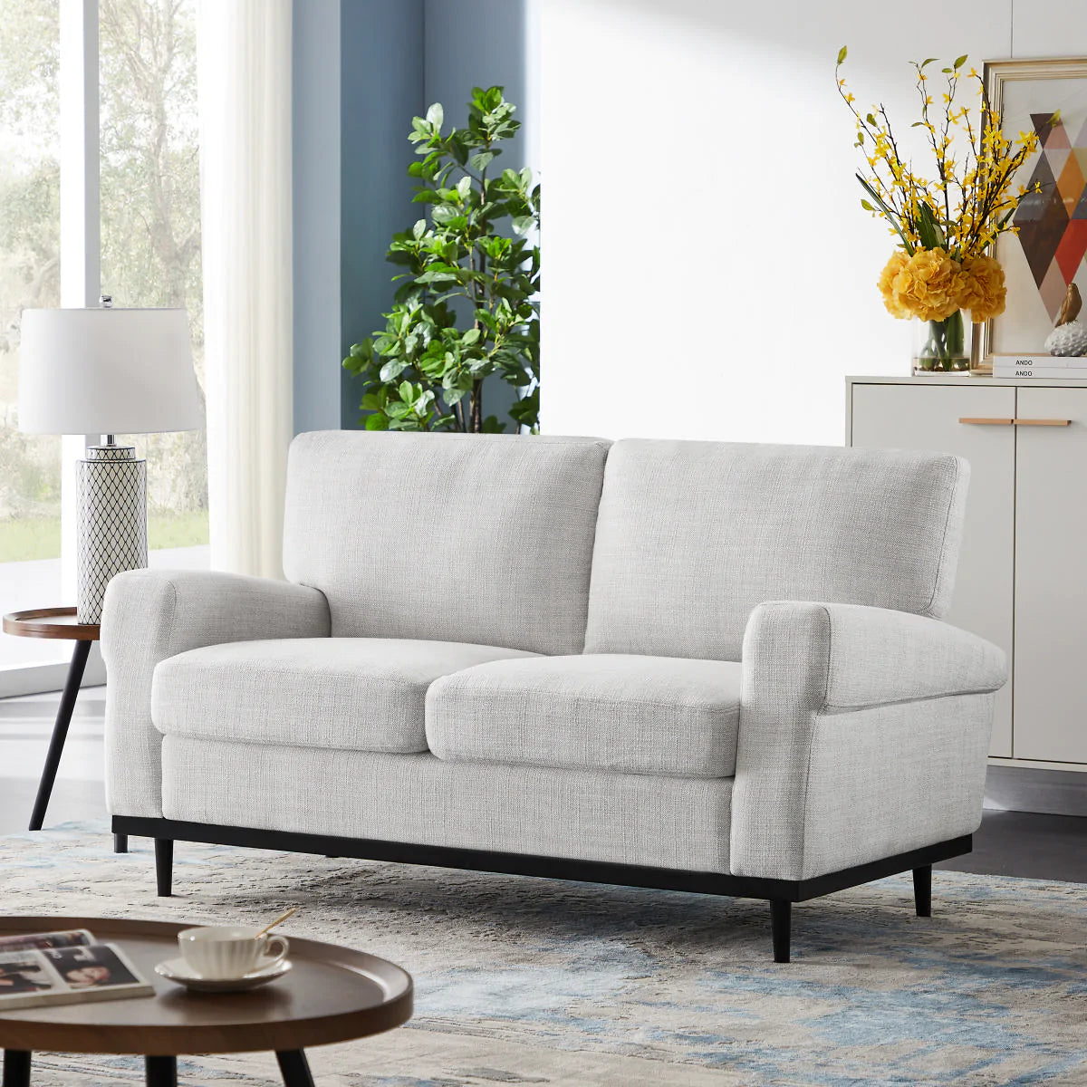 Beige Double Seated Mid-century Modern Knitted Fabric Sofa- Model Live ...