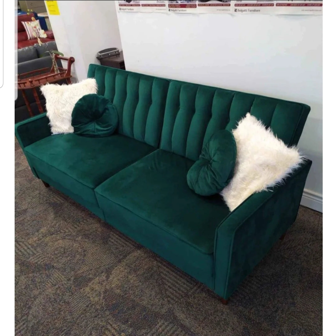 Green Velvet Click Clack Sofa Bed Includes 2 Round Throw Pillows Mod