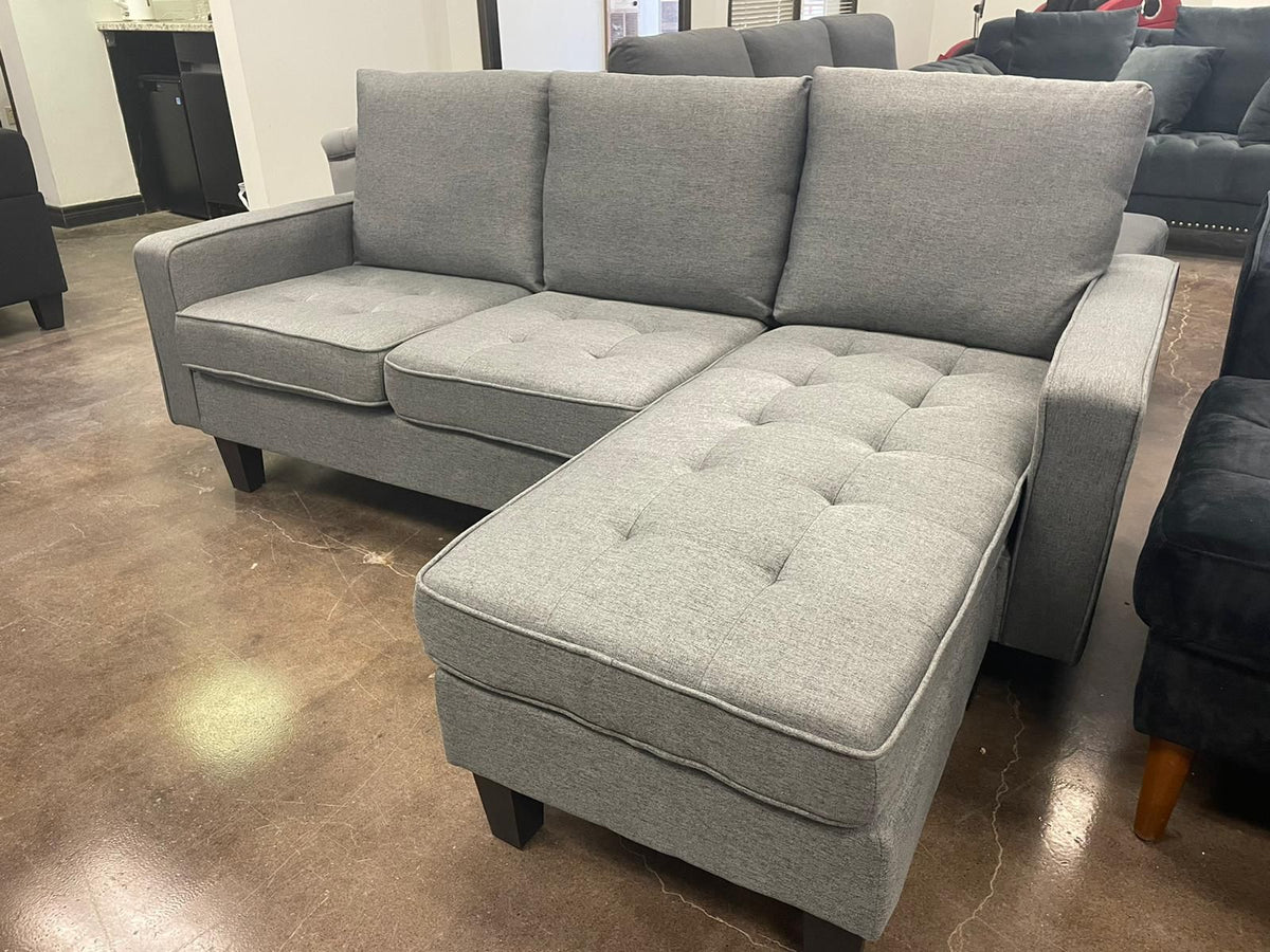 Modern Grey Fabric Sectional Sofa Chaise Turns Into Floating Ottoman