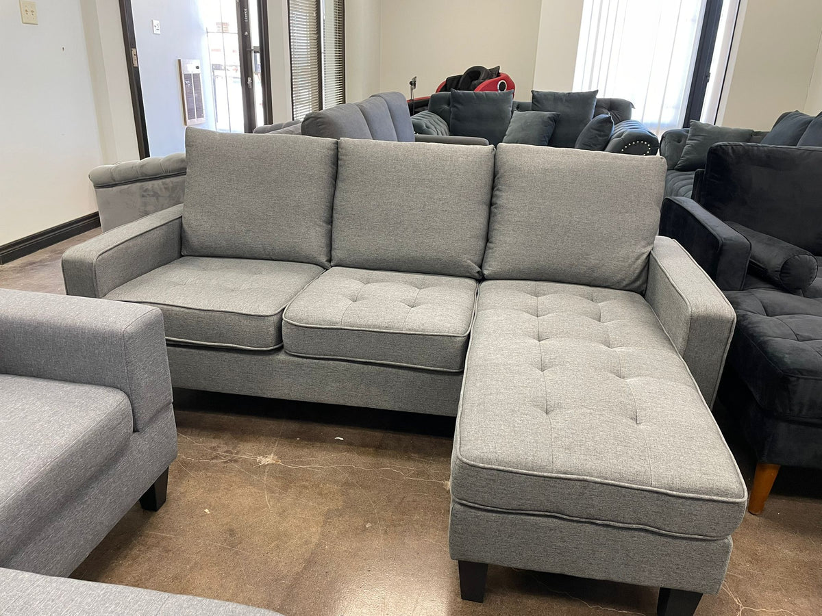 Modern Grey Fabric Sectional Sofa Chaise Turns Into Floating Ottoman