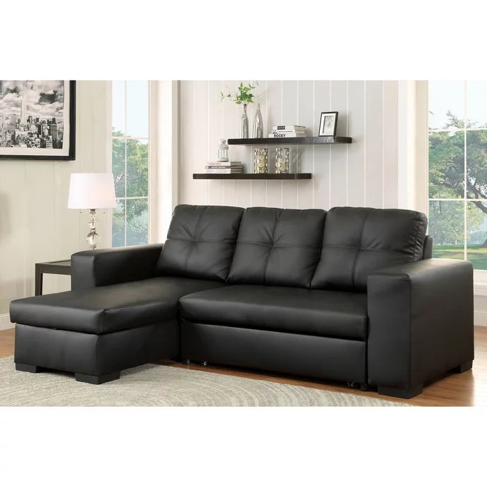Black Leather Pull Out Sectional Sofa Bed With Storage In Chaise- Mode ...