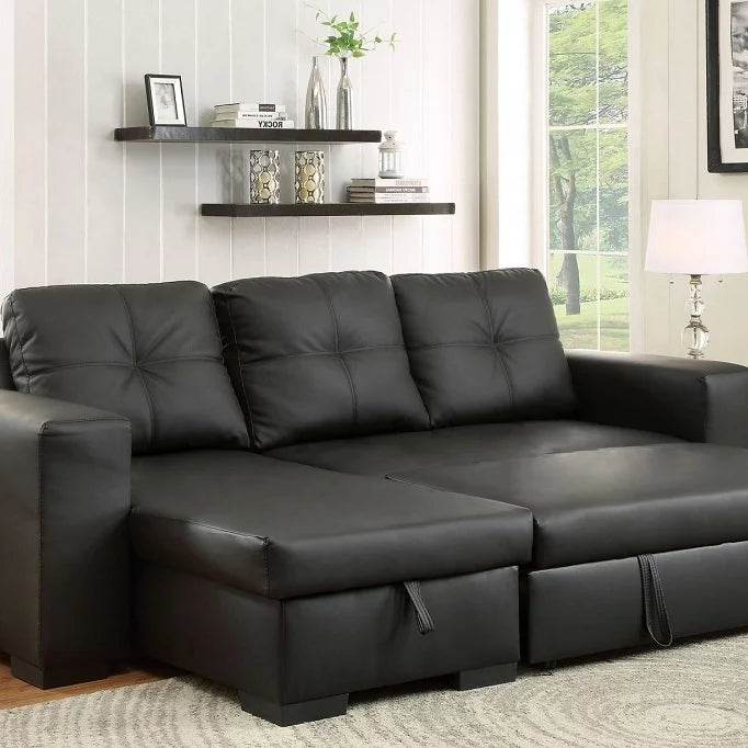 Black Leather Pull Out Sectional Sofa Bed With Storage In Chaise- Mode ...